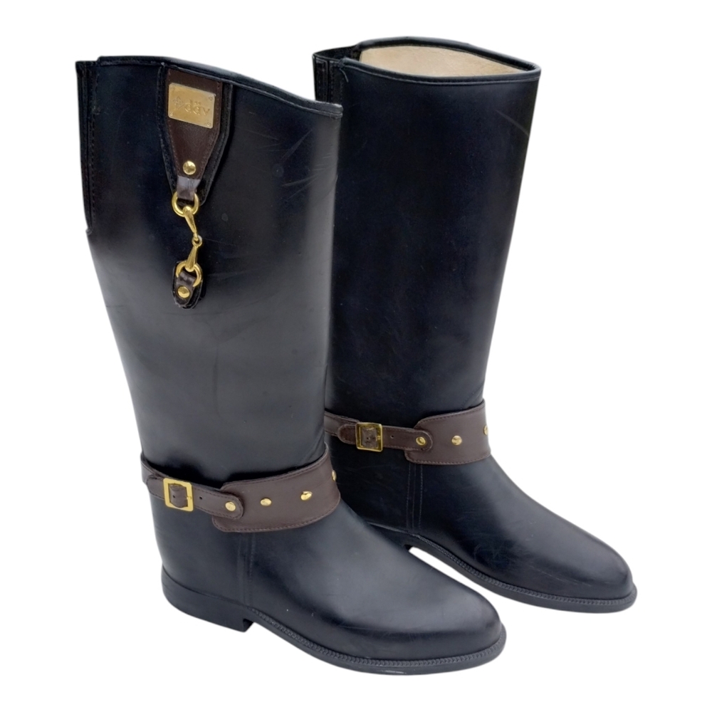 Dav Black Equestrian Riding All Weather Boots Women's Size 10 Brown Buckle Gold